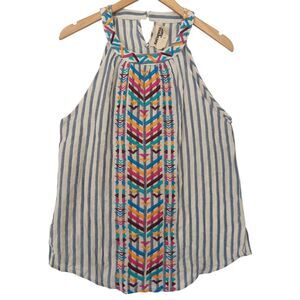 Savanna Jane Womens Large Sleeveless Top Blue White Stripe Embroidered Tank